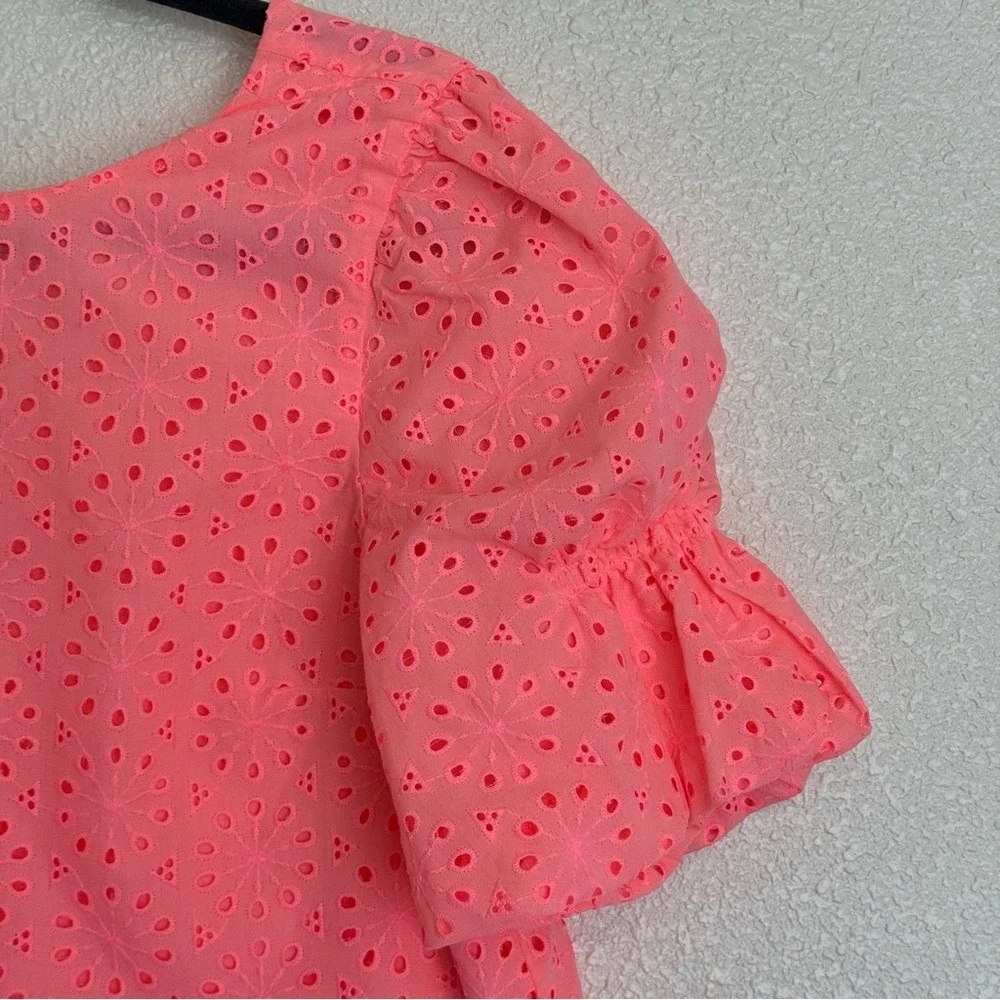 Lilly Pulitzer Size S Neon Coral Shaila Sunburst Eyelet Puff Sleeve‎ Top Summer